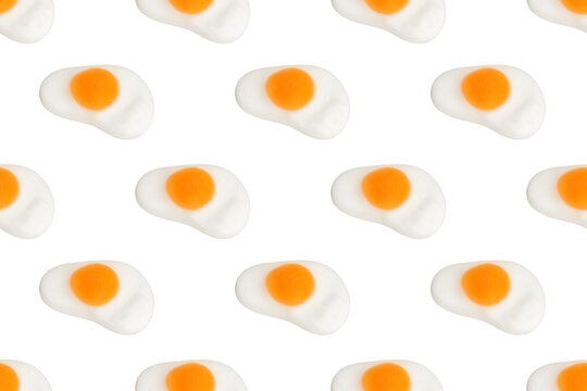 Fried Egg Gummy Candy Seamless Pattern on Transparent Background