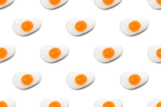 Fried Egg Gummy Candy Seamless Pattern on Transparent Background