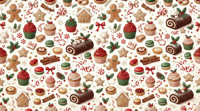 Christmas gingerbread house and cookies with assorted holiday confections in a repeating pattern.