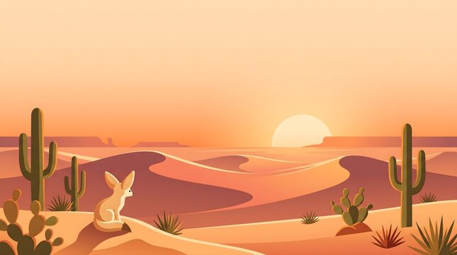 Desert biosphere nature vector landscape with fox and cacti