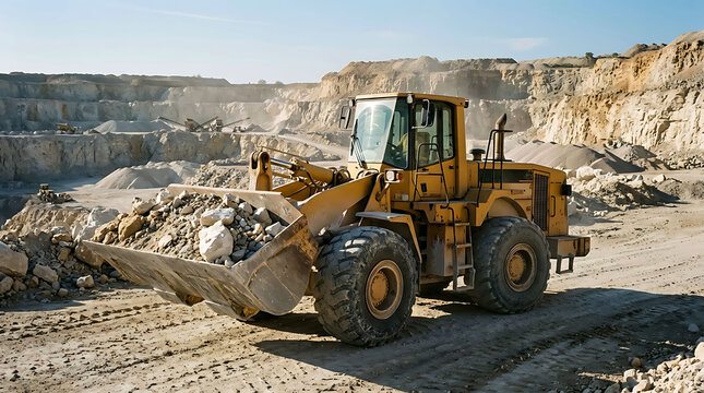 Yellow wheel loader excavator hauling crushed stone in a quarry open pit mine