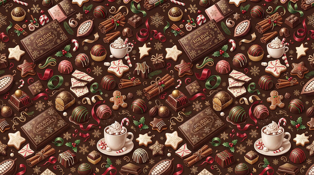 Festive holiday pattern featuring chocolate truffles and hot cocoa with spices for seasonal food packaging.