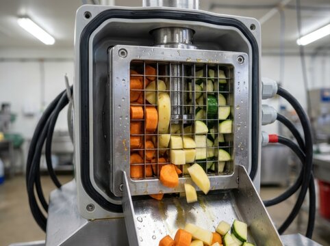 vegetable cutting machine blades Industrial food processing machine slicing vegetables in a factory setting