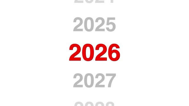 Vibrant digital display animation highlighting the year 2026 in bold red color with future dates s