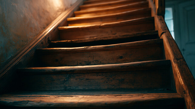 Weathered wooden staircase in dimly lit home interior featuring worn timber planks and warm lighting for home renovations.
