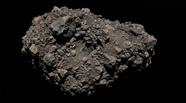 Close Up of Rubble Pile Asteroid Drifting in Deep Space with Sunlit Surface Texture