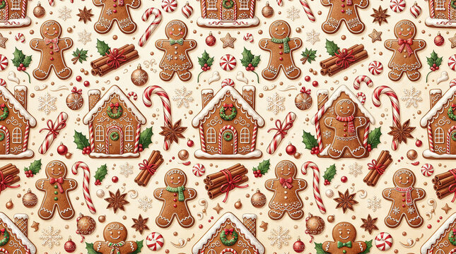 Gingerbread man and cookie house festive seamless pattern background.
