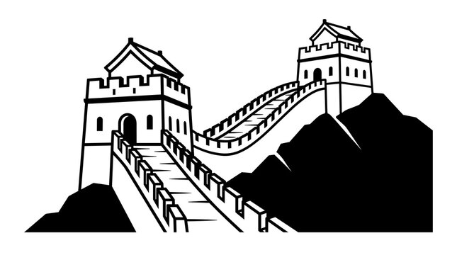 Black and white vector illustration of the Great Wall of China featuring two stone watchtowers connected by a winding fortified wall on a mountain ridge, isolated on white background.