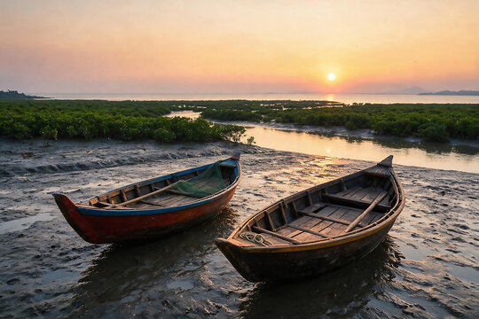 Traditional wooden fishing boats anchored on tidal mudflats during golden sunset hour.