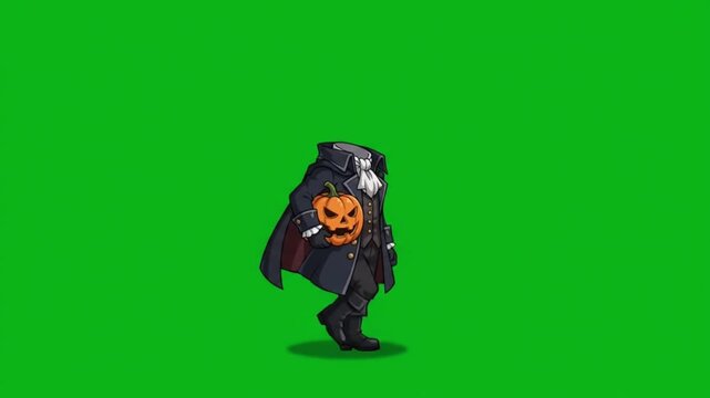 Animated jack o lantern character with cape standing on green background