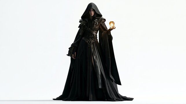 Halloween Holiday Theme. a female figure in a dark, hooded cloak. She holds a glowing orb in her right hand. The cloak has intricate patterns and textures, and she wears a belt with a pendant.