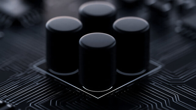 High tech computer chip with cylindrical processors on circuit board. Futuristic hardware technology background. Digital data processing concept