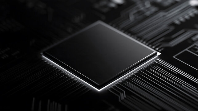 Modern computer processor chip on dark circuit board. Central processing unit with glowing white edges. High tech hardware background for big data and semiconductor technology