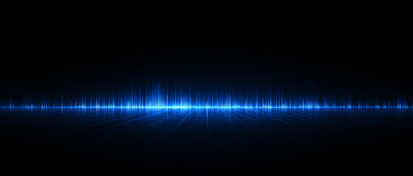 Futuristic digital data transmission with blue glowing equalizer wave. High tech cyber network grid banner background
