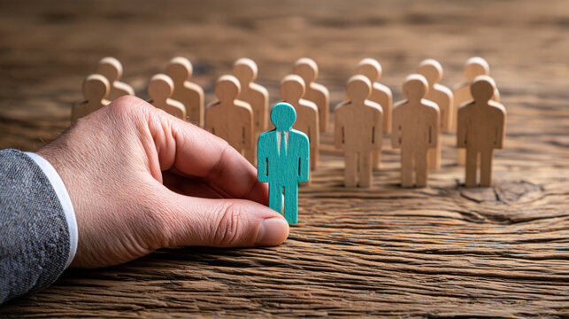 Businessman hand selecting a teal wooden figure from a crowd of plain wooden people. Recruitment, hiring, talent acquisition and the right candidate