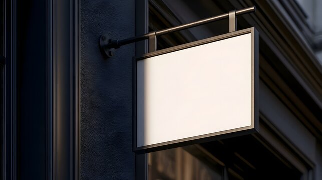 A blank rectangular sign mounted on a dark textured wall with a metal bracket  illuminated by side lighting