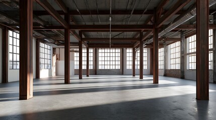 Fototapeta premium A spacious industrial warehouse interior with exposed wooden beams large and concrete flooring bathed in natural light