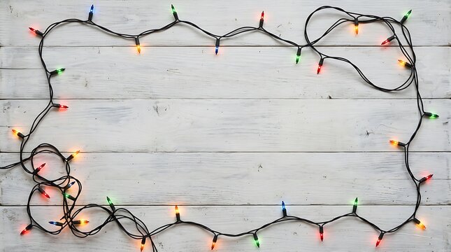 Colorful string lights arranged as a frame on a weathered wood background