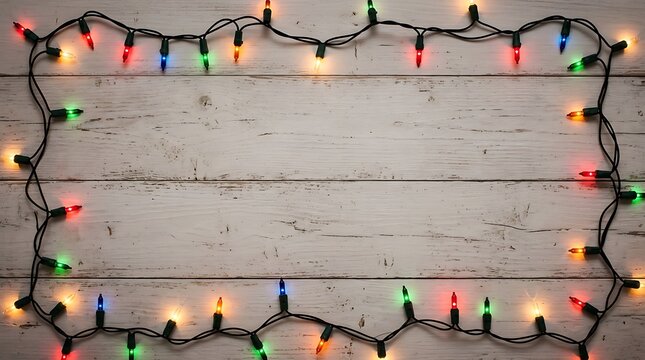 Colorful christmas lights arranged on a rustic white wooden plank background