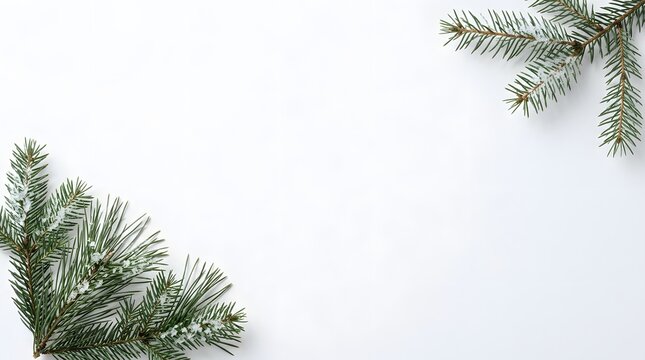 Festive winter greenery branches and pine needles on a bright white background