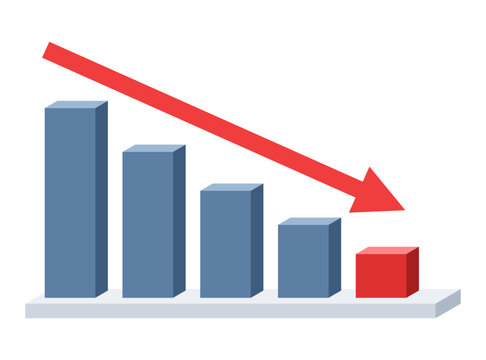 Business decline chart vector icon with falling bar graph and downward arrow, financial crisis concept