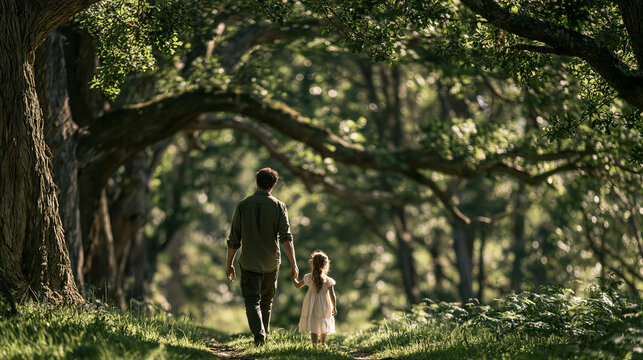 Father and daughter walking hand in hand on forest path, rear view under green trees