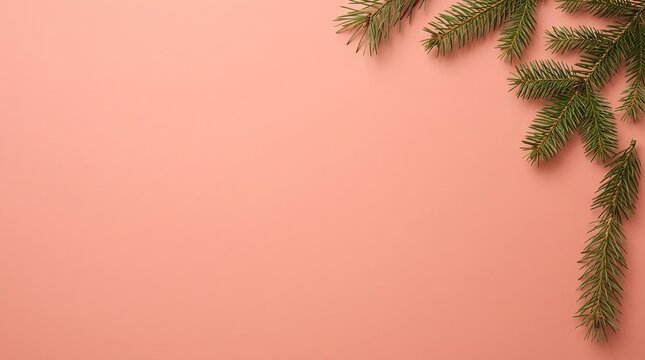 Festive christmas garland and branches on a soft peach colored background