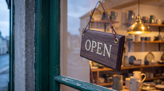 sign open on the glass door of a shop or cafe.