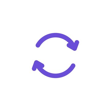 Seamless loop of an animated refresh icon with two circular arrows rotating, purple line icon on white background