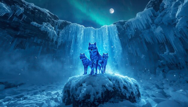 Majestic glowing blue wolves standing on icy rock inside frozen waterfall cavern with northern lights aurora