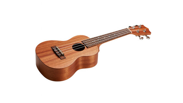 Wooden ukulele musical instrument isolated with instrument shown angle on transparent background