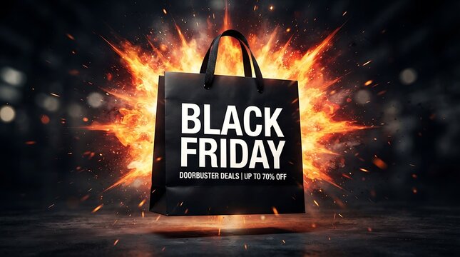 Dramatic black friday sale advertisement with a shopping bag and fiery background