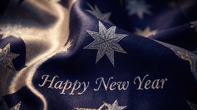 Happy New Year Text and Star Embroidered on Dark Blue Silk Satin Fabric