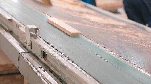 Timber preparation and transport process for edge-glued panel manufacturing. Automated sorting and alignment of wooden lamellas on a conveyor belt in a furniture factory workshop.