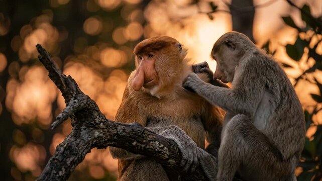 two proboscis monkeys close up at sunset golden light in bako national park borneo video