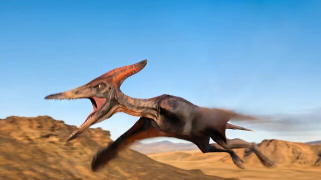 angry pterodactyl flying close up daily blue sky with a volcano in the background video