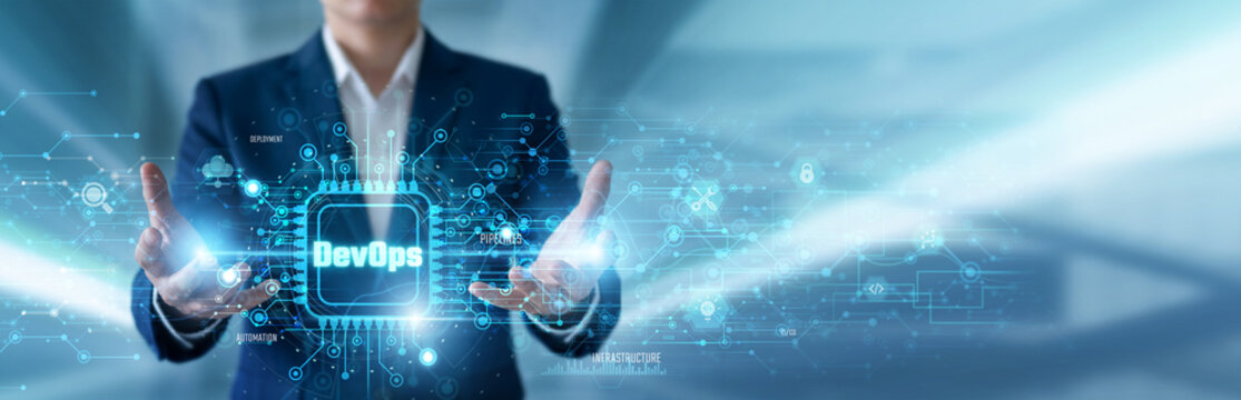 DevOps Engineer managing DevOps and software deployment data and futuristic network infrastructure. Continuous integration, cloud automation, software delivery, system monitoring