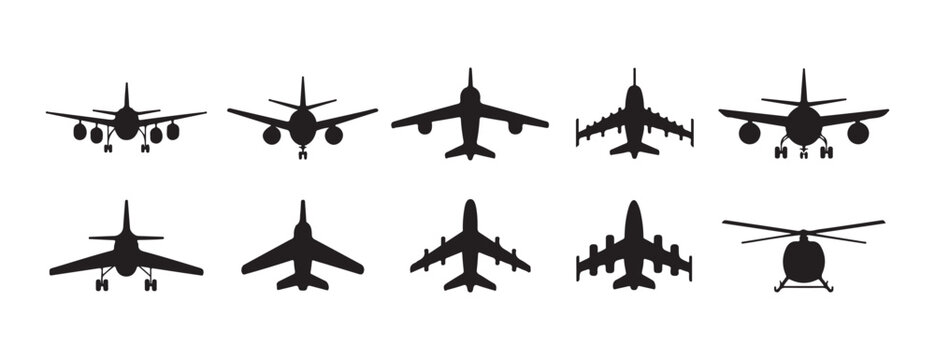 Airplane front view silhouette set contains various commercial jet aircraft and military helicopter.
