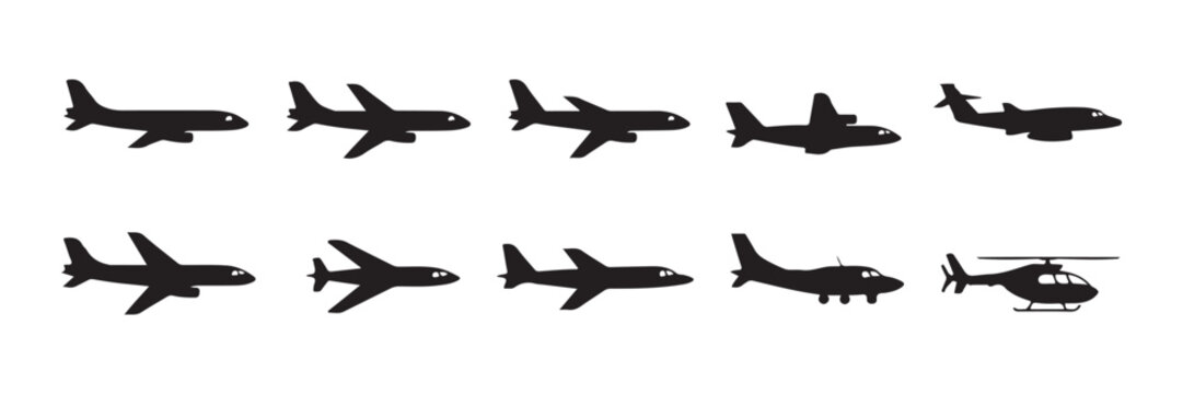 Airplane side view silhouette set features diverse commercial jet planes and passenger helicopter.