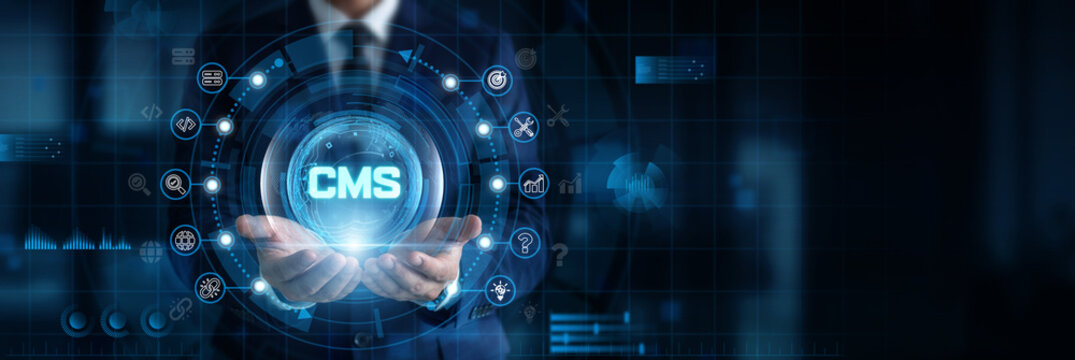 CMS Developer holding and controlling CMS network interface with digital and content management data. Website publishing, web development, content editing, digital platforms, site administration.