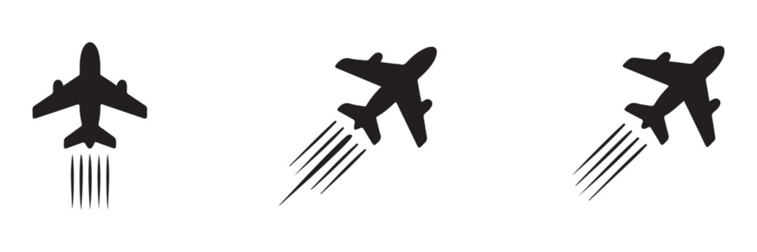 Black airplane vector icons showing takeoff and flight trails for aviation and travel concepts.