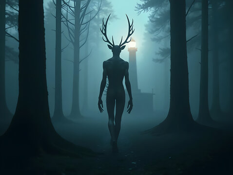 Mystical Antlered Forest Spirit Walking Through a Foggy Enchanted Forest 4k pc wallpaper