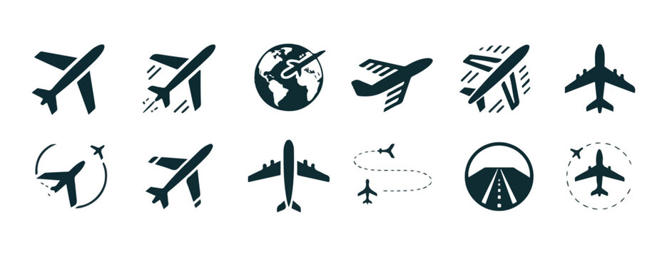 Dark blue airplane vector icons with globe circle and flight path for travel and aviation design.