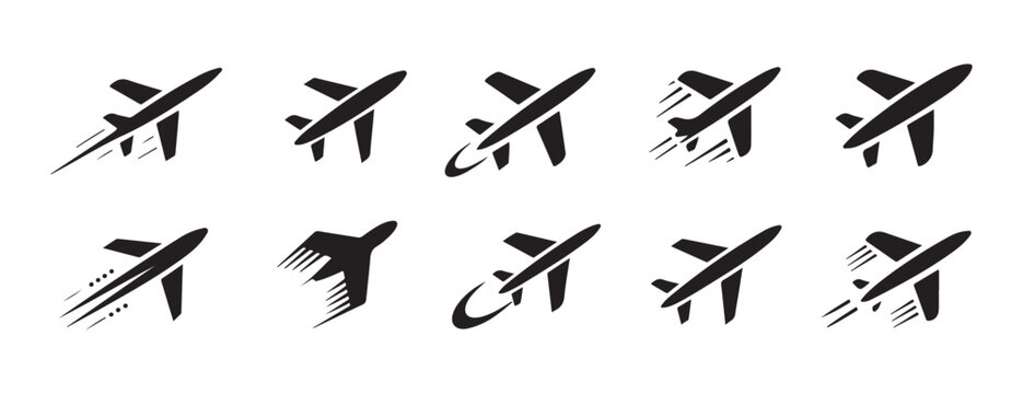 Group of airplane icons showing flight trajectory and motion blur for travel and aviation themes.