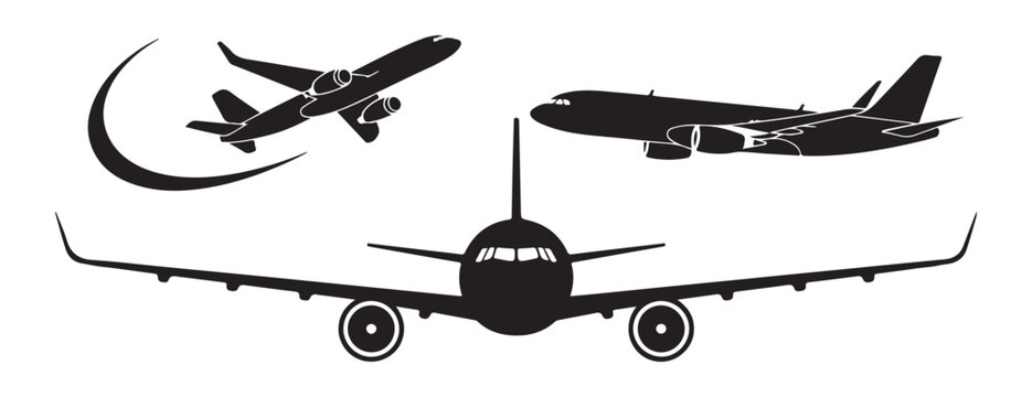 Various airplane silhouettes including front side and landing views for aviation and travel graphics.