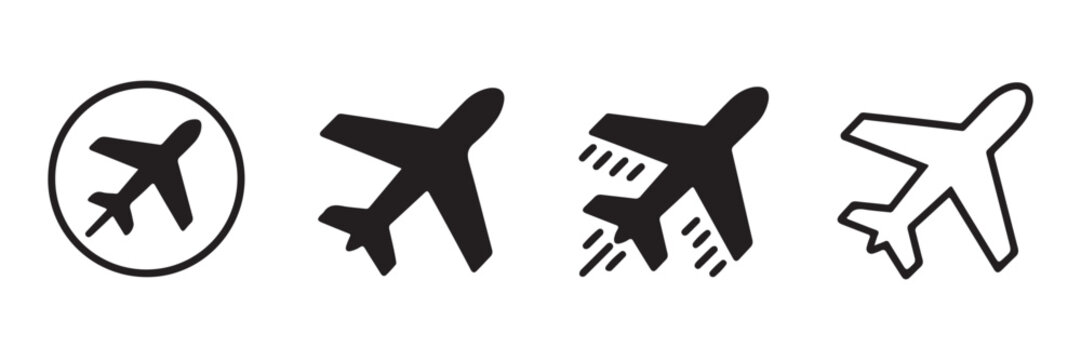 Aviation symbol collection featuring airplane silhouettes in various styles for travel branding use.