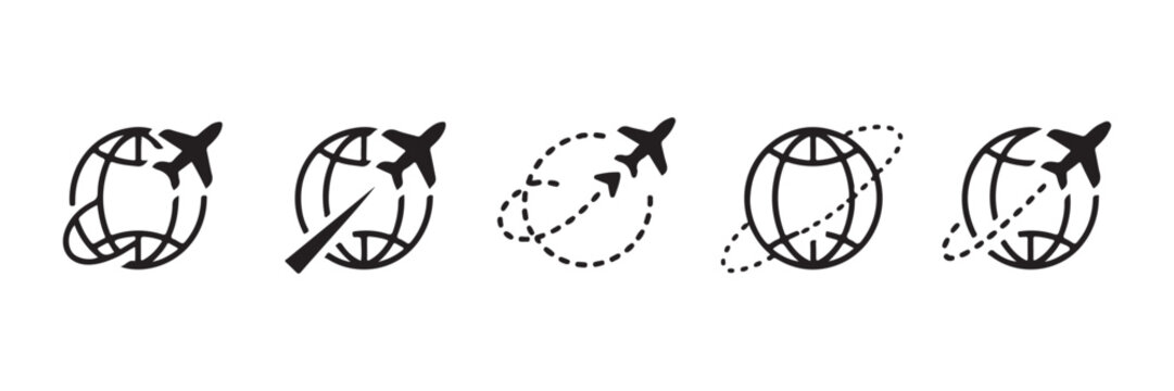 Global flight route icon set with dashed lines and airplane symbols for international trip tracking.