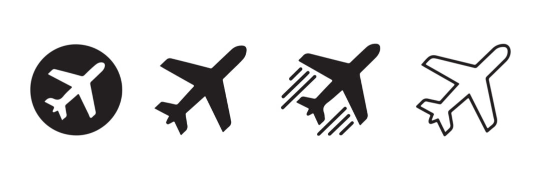 Monochrome airplane icon set with different visual treatments for flight and transportation design.