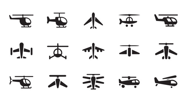 Set of helicopter and airplane silhouettes offering multiple aviation icons for transport projects.