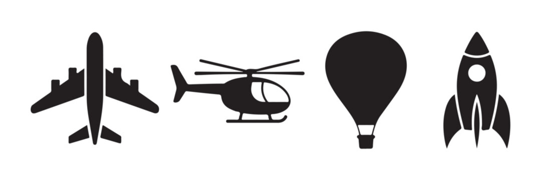 Air transport icons set featuring airplane helicopter hot air balloon and rocket vector silhouettes.